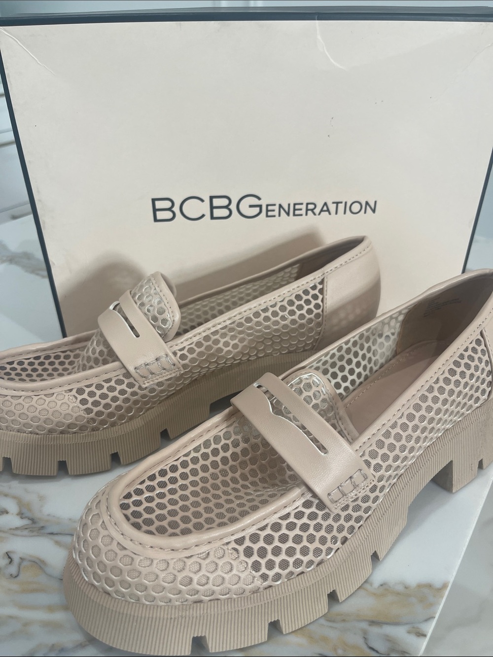 BCBGeneration Beige Mesh Lug-Sole Loafers